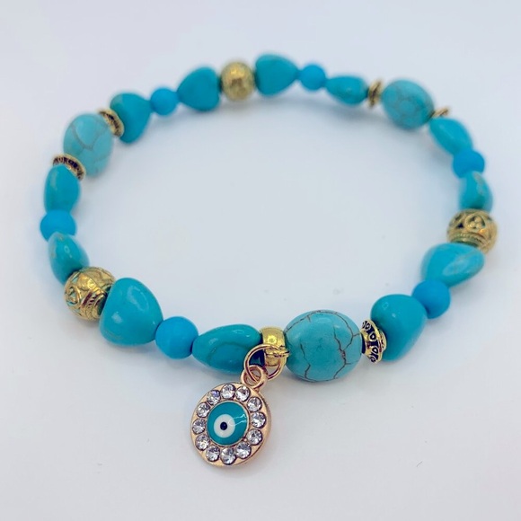 Evil Eye Rhinestone Charm, Wagnerite & Metal Bead Stretch Bracelet - Picture 5 of 6